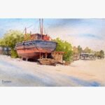 An original watercolor painting by Forena Shah titled 'Shoreline Repose', depicting a wooden ship resting on a sandy beach at sunset.