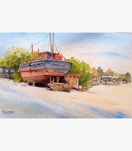 An original watercolor painting by Forena Shah titled 'Shoreline Repose', depicting a wooden ship resting on a sandy beach at sunset.