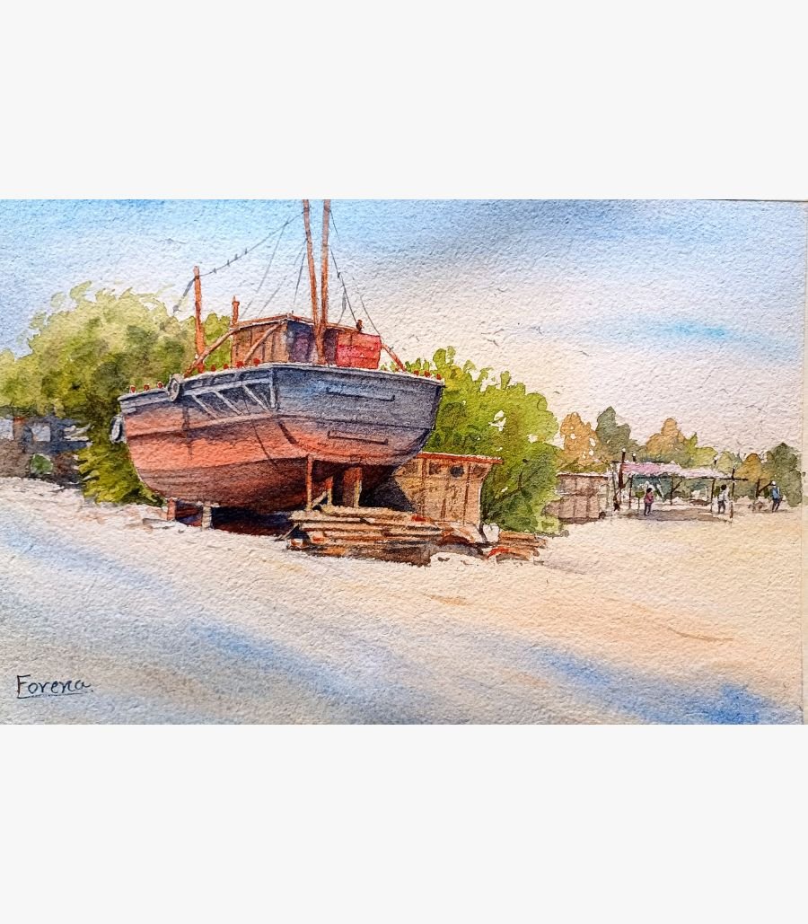Shoreline Repose by Forena Shah An original watercolor painting by Forena Shah titled 'Shoreline Repose', depicting a wooden ship resting on a sandy beach at sunset.