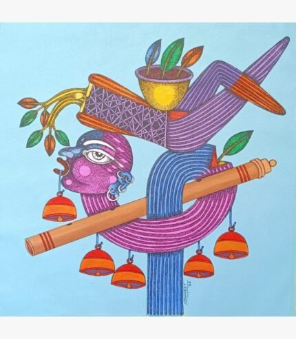 An original mixed media painting on canvas titled 'Cut me not' by Navneet Rathod, featuring intricate stylized figures and nature-inspired motifs.