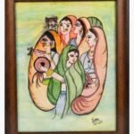 A traditional Indian watercolor painting by Kena Anshuman featuring a group of women in vibrant sarees playing musical instruments like the flute and dholak.