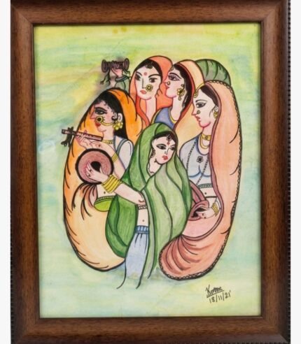 A traditional Indian watercolor painting by Kena Anshuman featuring a group of women in vibrant sarees playing musical instruments like the flute and dholak.