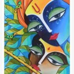 An original mixed media painting by Kailash Jani titled 'Floral Devotion', featuring Lord Krishna and Radha surrounded by large, ethereal light-purple flowers.