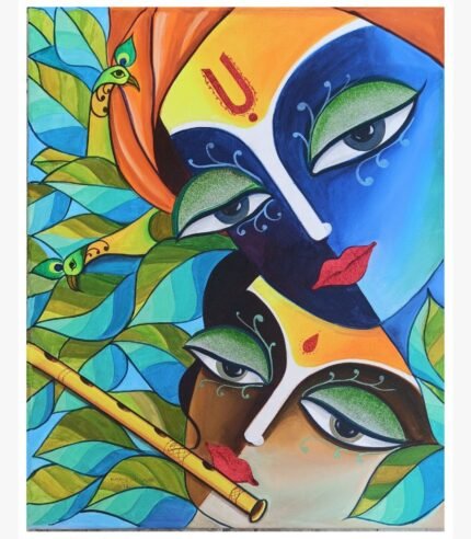 An original mixed media painting by Kailash Jani titled 'Floral Devotion', featuring Lord Krishna and Radha surrounded by large, ethereal light-purple flowers.