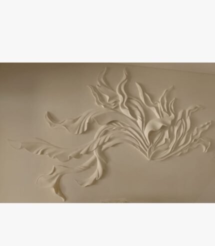 An original white relief wall sculpture titled 'Ethereal Flow' featuring a dynamic, abstract design of flowing curves and organic shapes.