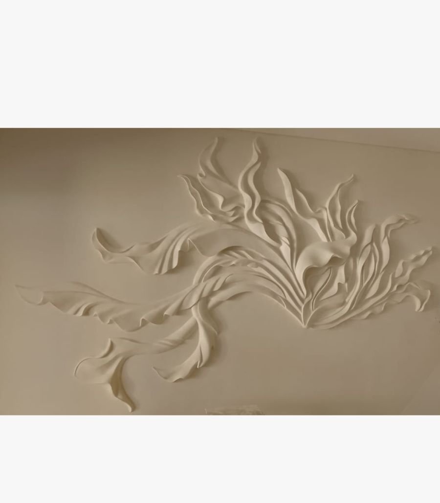 Ethereal Flow An original white relief wall sculpture titled 'Ethereal Flow' featuring a dynamic, abstract design of flowing curves and organic shapes.