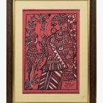 A detailed Madhubani-inspired painting by Kena Anshuman in red and black featuring a traditional woman with a bird and floral motifs.