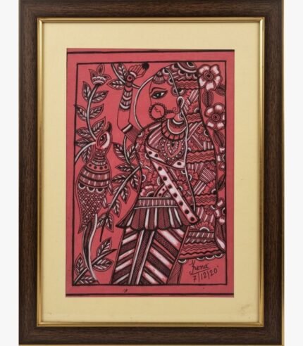 A detailed Madhubani-inspired painting by Kena Anshuman in red and black featuring a traditional woman with a bird and floral motifs.