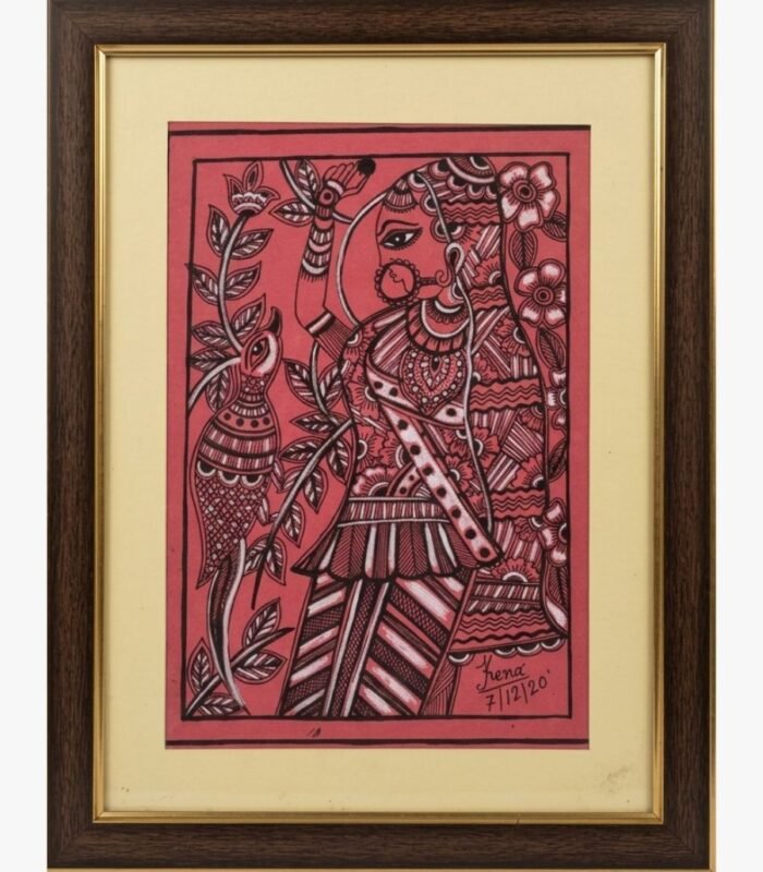 A detailed Madhubani-inspired painting by Kena Anshuman in red and black featuring a traditional woman with a bird and floral motifs.