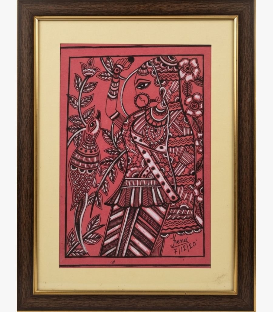 Kena Anshuman - Traditional Woman and Bird Illustration A detailed Madhubani-inspired painting by Kena Anshuman in red and black featuring a traditional woman with a bird and floral motifs.