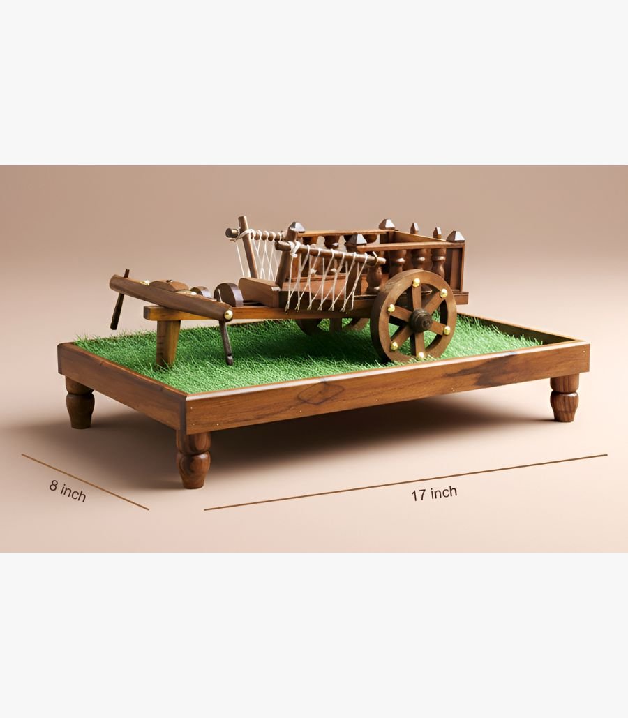 Grand Wooden Bullock Cart and Plough Sculpture A grand 17-inch handcrafted wooden bullock cart and plough miniature on a turf-lined display pedestal with polished brass details.