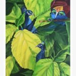 An original mixed media painting by Kailash Jani titled 'Verdant Serenity', featuring Lord Krishna playing the flute amidst large, vibrant green leaves and two peacocks.