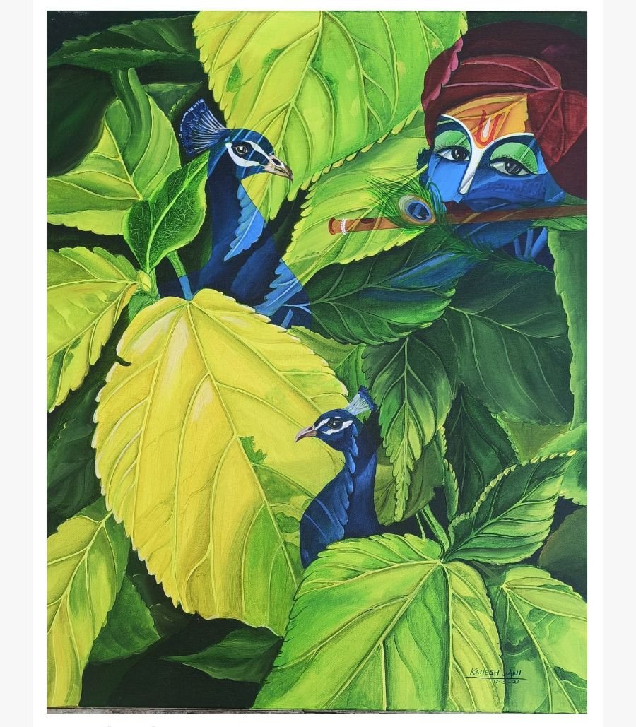 Verdant Serenity by Kailash Jani - Mixed Media An original mixed media painting by Kailash Jani titled 'Verdant Serenity', featuring Lord Krishna playing the flute amidst large, vibrant green leaves and two peacocks.