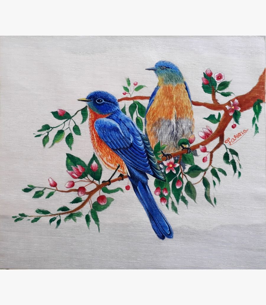 The Royal Plumage by Forena Shah An original fabric painting titled 'The Royal Plumage' by Forena Shah, showcasing a vibrant and detailed peacock design.