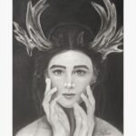 An original charcoal drawing titled 'Antlered Serenity' by Sunil Sarvaiya, depicting a contemplative woman with ethereal antlers.