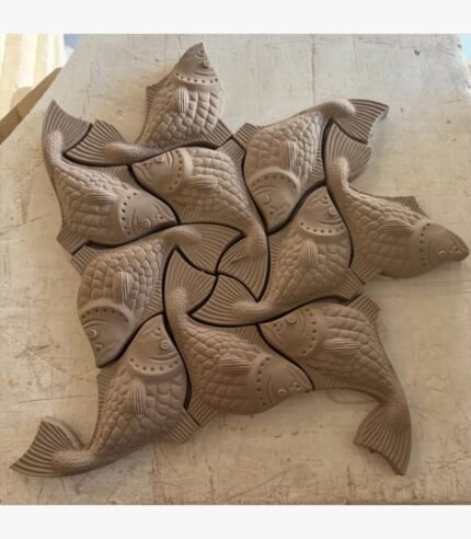 An original sculpted relief wall piece titled 'Aquatic Harmony' featuring a geometric tessellation of interlocking fish figures in a clay-toned finish.