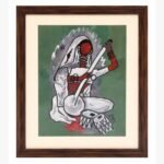 An abstract tribal painting by Kena Anshuman featuring a musician in white and red playing a stringed instrument against a sage green background.