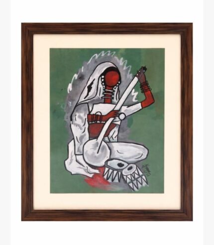 An abstract tribal painting by Kena Anshuman featuring a musician in white and red playing a stringed instrument against a sage green background.