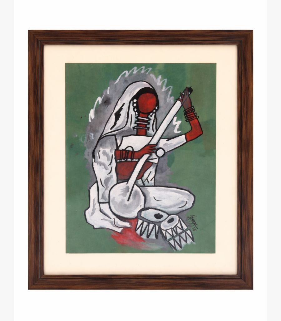 Kena Anshuman - Tribal Musician Abstract Watercolor An abstract tribal painting by Kena Anshuman featuring a musician in white and red playing a stringed instrument against a sage green background.