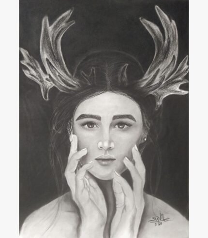 An original charcoal drawing titled 'Antlered Serenity' by Sunil Sarvaiya, depicting a contemplative woman with ethereal antlers.