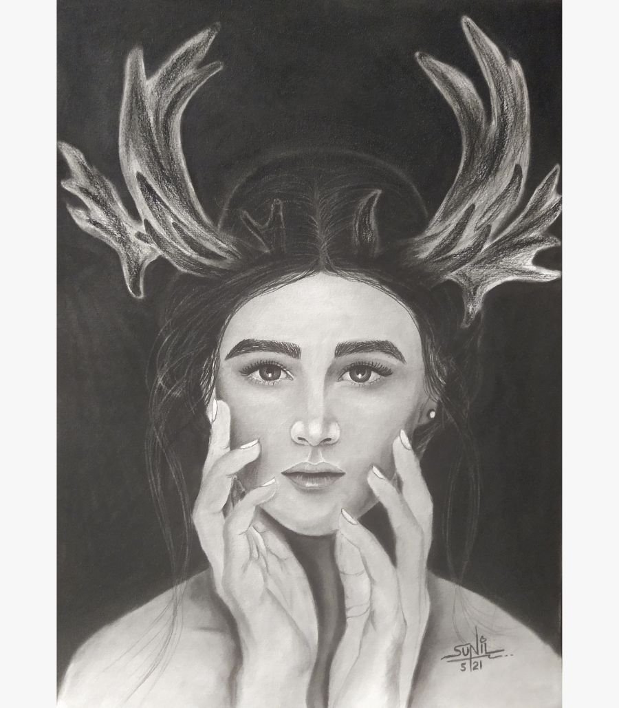 Antlered Serenity by Sunil Sarvaiya An original charcoal drawing titled 'Antlered Serenity' by Sunil Sarvaiya, depicting a contemplative woman with ethereal antlers.