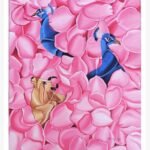 An original mixed media painting by Kailash Jani titled 'Petal Serenade', featuring a cow and two peacocks gracefully emerging from a field of vibrant pink petals.