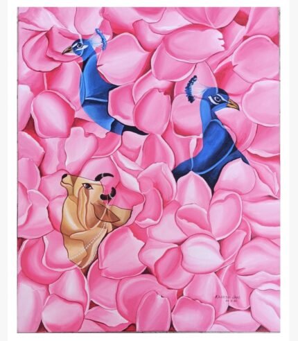 An original mixed media painting by Kailash Jani titled 'Petal Serenade', featuring a cow and two peacocks gracefully emerging from a field of vibrant pink petals.