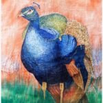 An original fabric painting titled 'Majestic Peacock' by Forena Shah, featuring a detailed and colorful peacock standing in a landscape.