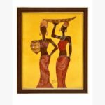 A vibrant tribal art painting by Kena Anshuman featuring two women in traditional red attire with white patterns against a bright yellow background.