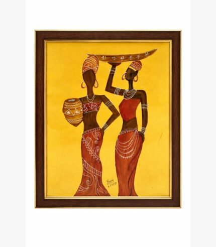 A vibrant tribal art painting by Kena Anshuman featuring two women in traditional red attire with white patterns against a bright yellow background.