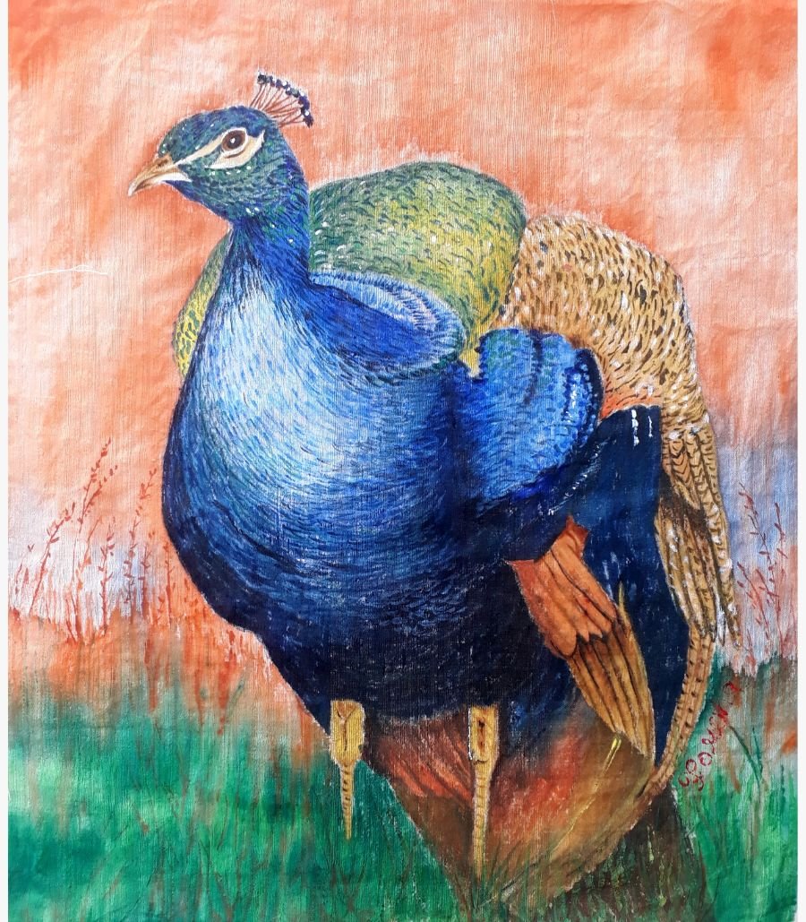 Majestic Peacock by Forena Shah An original fabric painting titled 'Majestic Peacock' by Forena Shah, featuring a detailed and colorful peacock standing in a landscape.