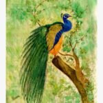 An original fabric painting titled 'Royal Perch' by Forena Shah, featuring a majestic peacock with long, flowing plumage resting on a tree branch.