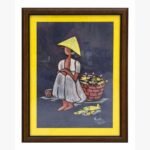 A stylized contemporary painting by Kena Anshuman of a woman in a conical hat with a basket of yellow fish against a dark background.