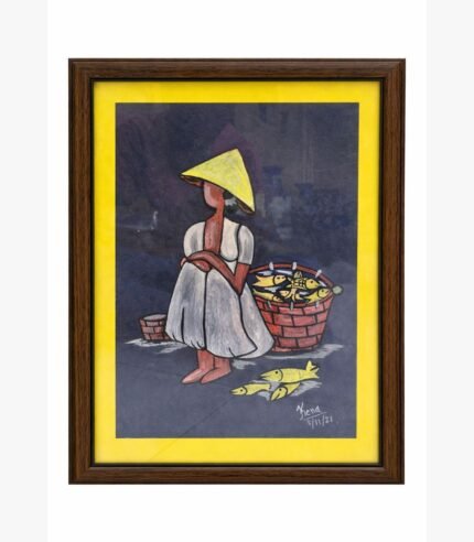 A stylized contemporary painting by Kena Anshuman of a woman in a conical hat with a basket of yellow fish against a dark background.