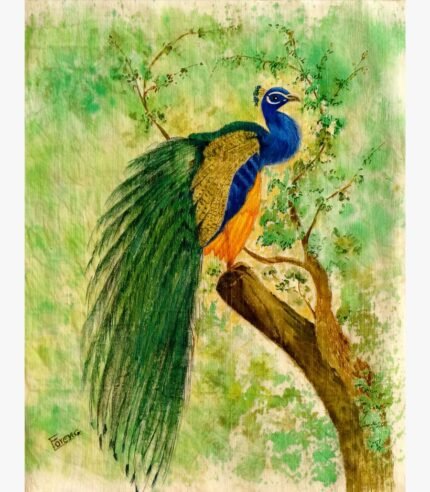 An original fabric painting titled 'Royal Perch' by Forena Shah, featuring a majestic peacock with long, flowing plumage resting on a tree branch.