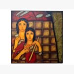 A captivating acrylic on canvas painting titled 'Couple' by artist Babita, featuring a stylized duo, a vibrant bird, and intricate cultural symbolism.