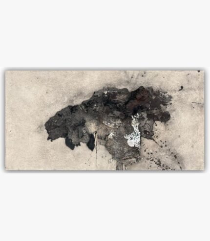 A minimalist mixed media artwork titled 'Unbound-2' by Bhavdip Jidiya, featuring a stark, organic central mass on a clean, light-textured background.