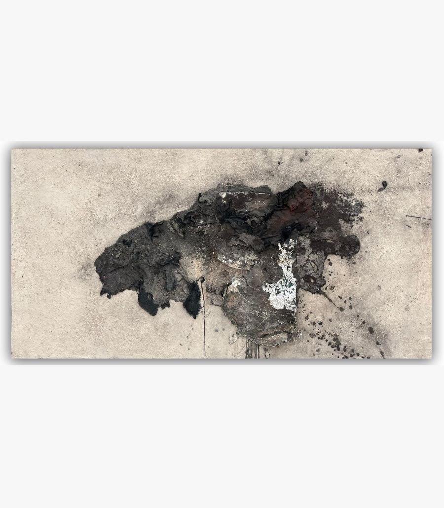 Unbound-2 by Bhavdip Jidiya - Mixed Media A minimalist mixed media artwork titled 'Unbound-2' by Bhavdip Jidiya, featuring a stark, organic central mass on a clean, light-textured background.