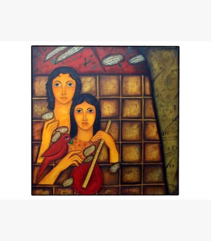 A captivating acrylic on canvas painting titled 'Couple' by artist Babita, featuring a stylized duo, a vibrant bird, and intricate cultural symbolism.