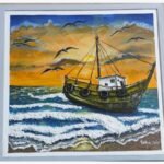 A textured mixed media 3D painting of a fishing boat on a sunset ocean with clay and wall putty details by Sapna Gajjar.