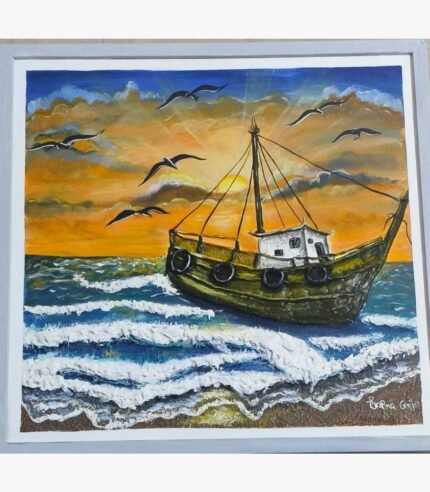 A textured mixed media 3D painting of a fishing boat on a sunset ocean with clay and wall putty details by Sapna Gajjar.