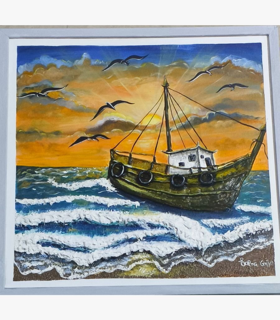 Silent Sea Story Mixed Media Painting A textured mixed media 3D painting of a fishing boat on a sunset ocean with clay and wall putty details by Sapna Gajjar.