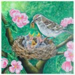 An original acrylic painting of a mother bird feeding her chicks in a nest surrounded by pink blossoms by Sapna Gajjar.