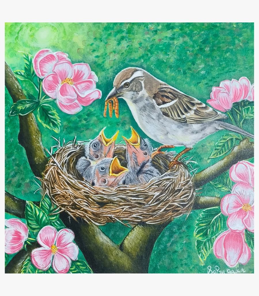 Mother Love Bird Nest Painting An original acrylic painting of a mother bird feeding her chicks in a nest surrounded by pink blossoms by Sapna Gajjar.