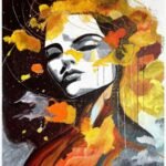 Buy Indian art UK: An original handmade acrylic painting titled Whisper of the Universe, featuring a serene monochromatic female face surrounded by vibrant ethereal bursts of gold, orange, and cosmic textures.