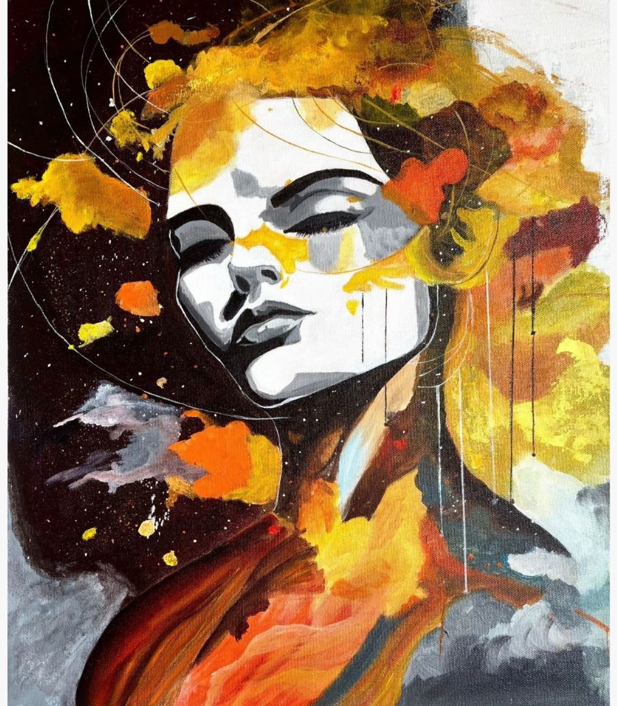 Whisper of the Universe | Original Acrylic Painting | Prerna Verma Buy Indian art UK: An original handmade acrylic painting titled Whisper of the Universe, featuring a serene monochromatic female face surrounded by vibrant ethereal bursts of gold, orange, and cosmic textures.