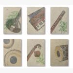 A modern 6-panel minimalist Indian classical music art grid featuring a sitar, harmonium, flute, tabla, veena, and dholak in gouache on textured handmade paper, by Mihir Dabhi.