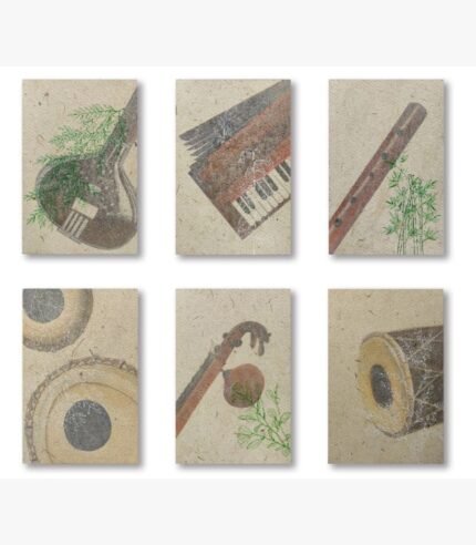 A modern 6-panel minimalist Indian classical music art grid featuring a sitar, harmonium, flute, tabla, veena, and dholak in gouache on textured handmade paper, by Mihir Dabhi.