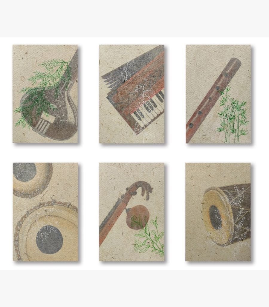 Mihir Dabhi - Symphony of Tradition (Set of 6) A modern 6-panel minimalist Indian classical music art grid featuring a sitar, harmonium, flute, tabla, veena, and dholak in gouache on textured handmade paper, by Mihir Dabhi.