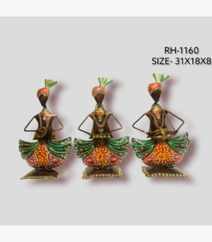 Handcrafted three-piece Rajasthani musicians iron sculpture set featuring hand-painted tribal folk figurines playing traditional instruments on individual square stands.
